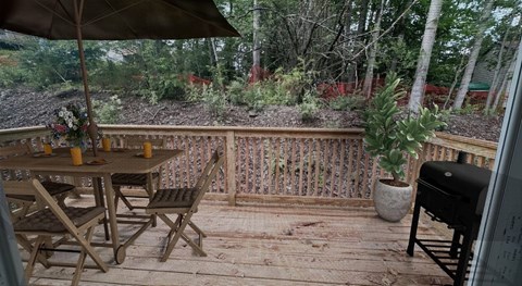 A wooden table with chairs and a potted plant on a wooden deck.