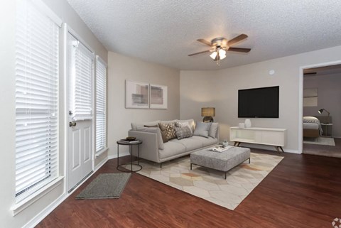 A living room with a grey couch and a white wall.