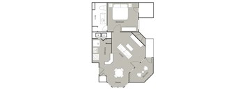 A floor plan of a house with a bedroom, a kitchen, a dining area, and a balcony.
