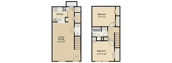 A floor plan shows a kitchen, two bedrooms, and a living/dining area.