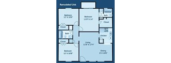 A blueprint of a remodeled unit with labeled rooms and dimensions.