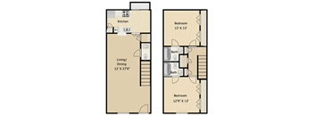 A floor plan of a two-bedroom apartment with a living/dining area and kitchen.