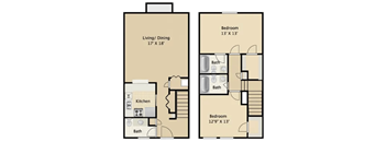 A floor plan of a two-bedroom apartment with a living/dining area and kitchen.