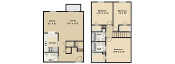 A floor plan of a two bedroom apartment with a living room, dining room, kitchen, and bathrooms.