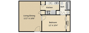 A floor plan of a small apartment with a living/dining area, kitchen, bathroom, and bedroom.