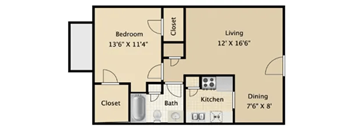 A floor plan of a small apartment with a bedroom, living room, kitchen, and dining area.
