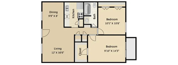 A floor plan of a small apartment with a living area, kitchen, and two bedrooms.