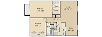 A floor plan of a small apartment with two bedrooms, a living room, a kitchen, and a dining area.