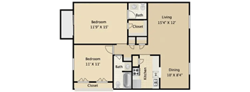 A floor plan of a small apartment with two bedrooms, a living room, a kitchen, and a dining area.