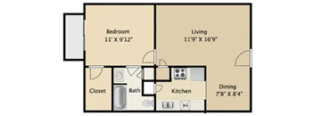 A floor plan of a small apartment with a bedroom, living room, kitchen, and dining area.