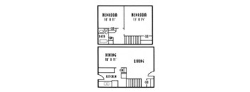 A black and white image of a floor plan for a two bedroom apartment.