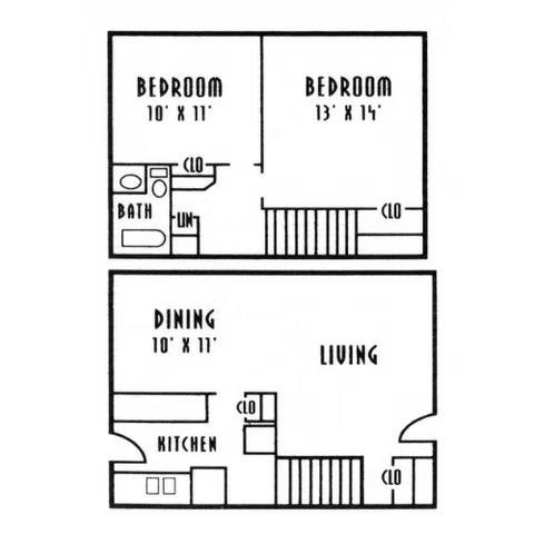 A black and white image of a floor plan for a two bedroom apartment.