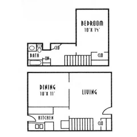 A black and white image of a floor plan for a small apartment.