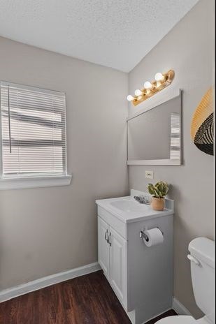 A bathroom with a white cabinet, a mirror with lights, a plant, and a window with blinds.