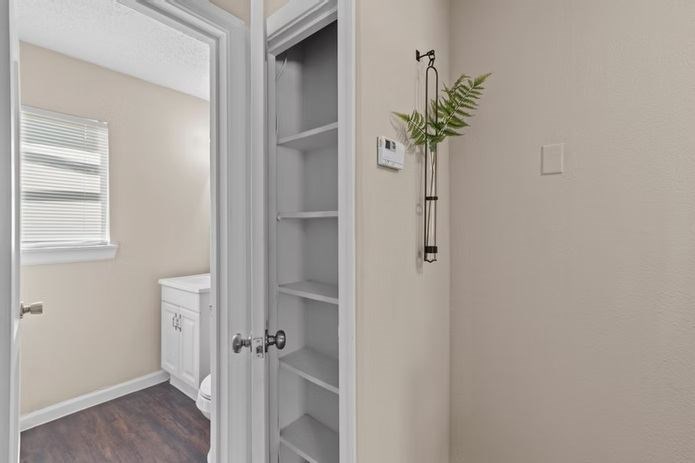 A white door with a plant on the side.
