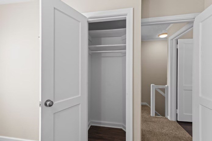 A white door is open to a small, empty closet.