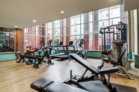 A gym with a row of exercise bikes and a row of weight machines.