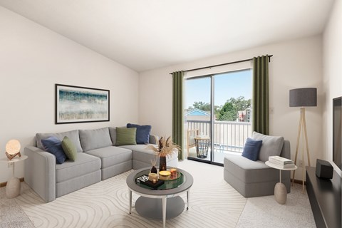 A living room with a grey couch, a coffee table, and a painting on the wall.