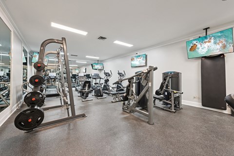 A gym with a variety of equipment including a weight bench, a leg press machine, and a treadmill.