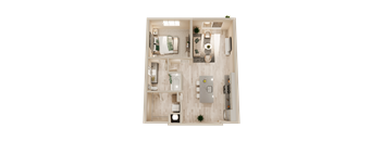A top-down view of a small apartment with a kitchen, living room, and bathroom.