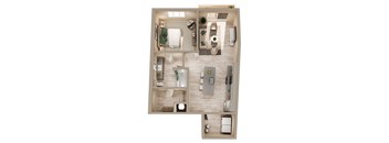 A top-down view of a modern apartment layout with a kitchen, living room, and bathroom.