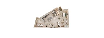 A top-down view of a house interior with a kitchen, living room, and bathroom.