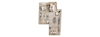 A top-down view of a small apartment with a kitchen, living room, and bathroom.