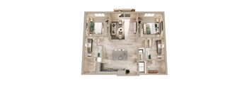 A top-down view of a well-furnished apartment.