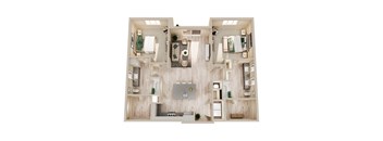 A top-down view of a modern apartment layout with a kitchen, living room, and bedrooms.