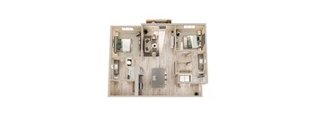 A top-down view of a small apartment with a kitchen, living room, and bathroom.