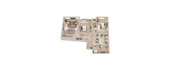 A top-down view of a house layout with a kitchen, living room, and bedrooms.