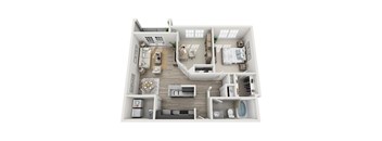 A 3D floor plan of a house with two bedrooms, a living room, a kitchen, and a bathroom.