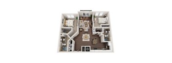 A top-down view of a two-bedroom apartment with a living room, kitchen, and bathroom.