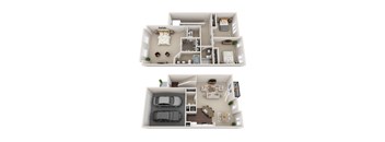 A top and bottom floor plan of a house with a car parked in the garage.