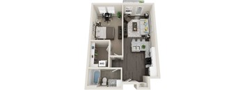 A floor plan of a small apartment with a kitchen, living room, and bathroom.