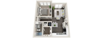 A 3D floor plan of a small apartment with a bedroom, living room, kitchen, and bathroom.