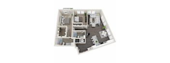 A 3D floor plan of a small apartment with a kitchen, living room, and bedroom.