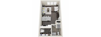 A floor plan of a small apartment with a kitchen, living room, and bathroom.