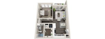A 3D floor plan of a small apartment with a kitchen, living room, and bathroom.
