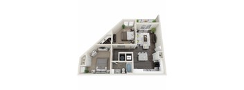 A 3D rendered image of a small apartment layout.