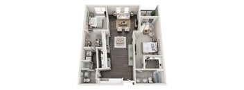 A top-down view of a small apartment with a living room, kitchen, and bedrooms.