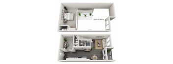 A 3D rendered image of a two-story house with a kitchen, living room, and bathroom.
