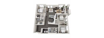 A 3D floor plan of a small apartment with a kitchen, living room, and two bedrooms.