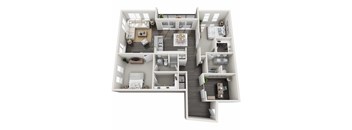 A 3D floor plan of a house with multiple rooms and furniture.