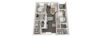 A top-down view of a small apartment with a kitchen, living room, and bedrooms.