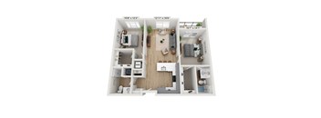 A floor plan of a two-bedroom apartment with a living room, kitchen, and bathroom.