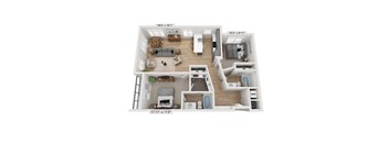 A floor plan of a two-story home with a living room, dining room, kitchen, and two bedrooms.