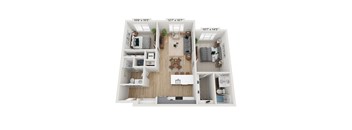 A floor plan of a two-bedroom apartment with a living room, kitchen, and bathroom.