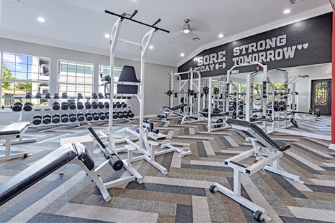 A gym with a variety of equipment including weights and benches.
