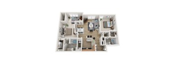 A detailed 3D floor plan of a two-bedroom apartment.